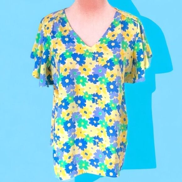LOFT OUTLET FLORAL BLOUSE TOP FLUTTER SLEEVES MEDIUM - Picture 3 of 5
